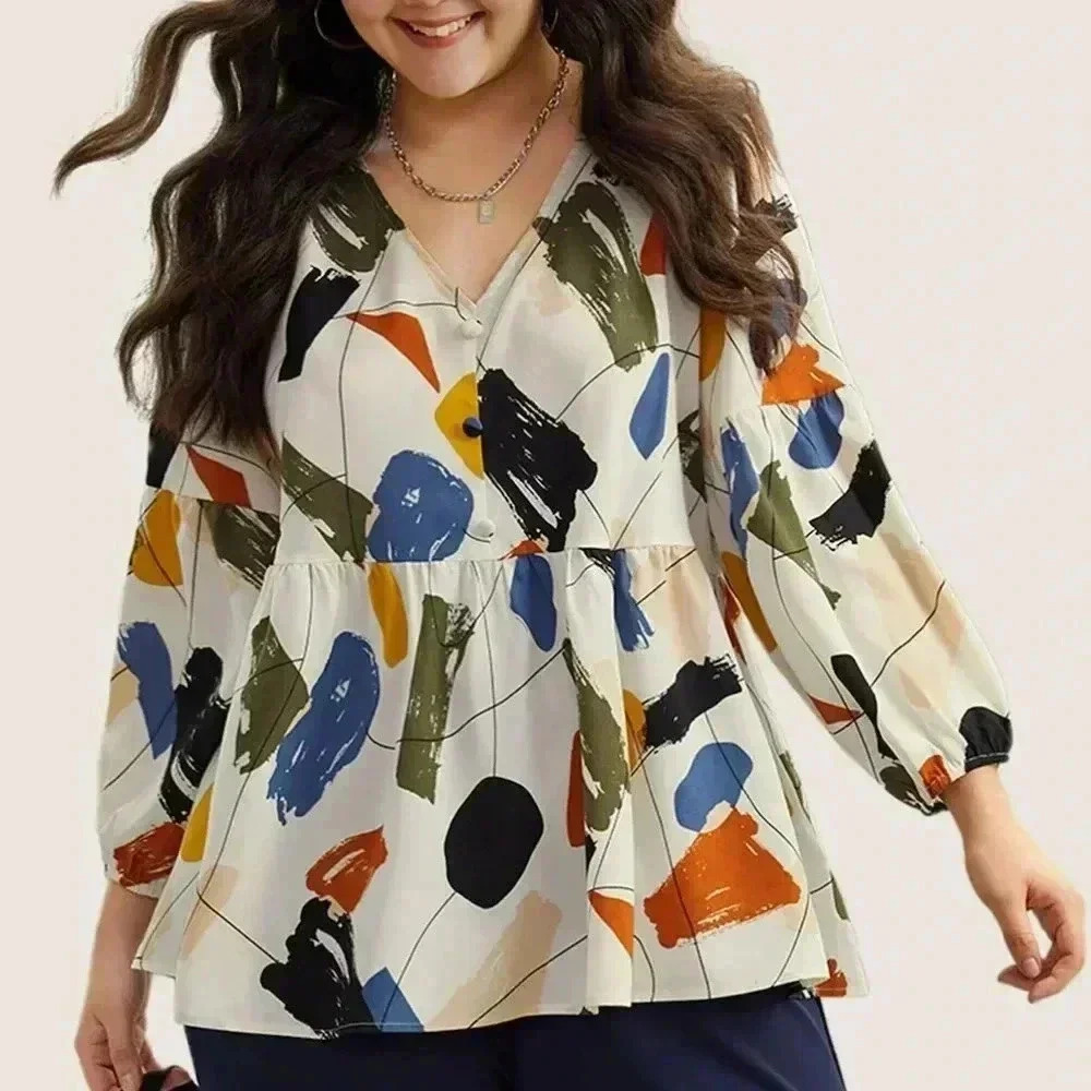 Hailey & Co. Brush Print Button Detail Elastic Cuffs Blouse Size 1X